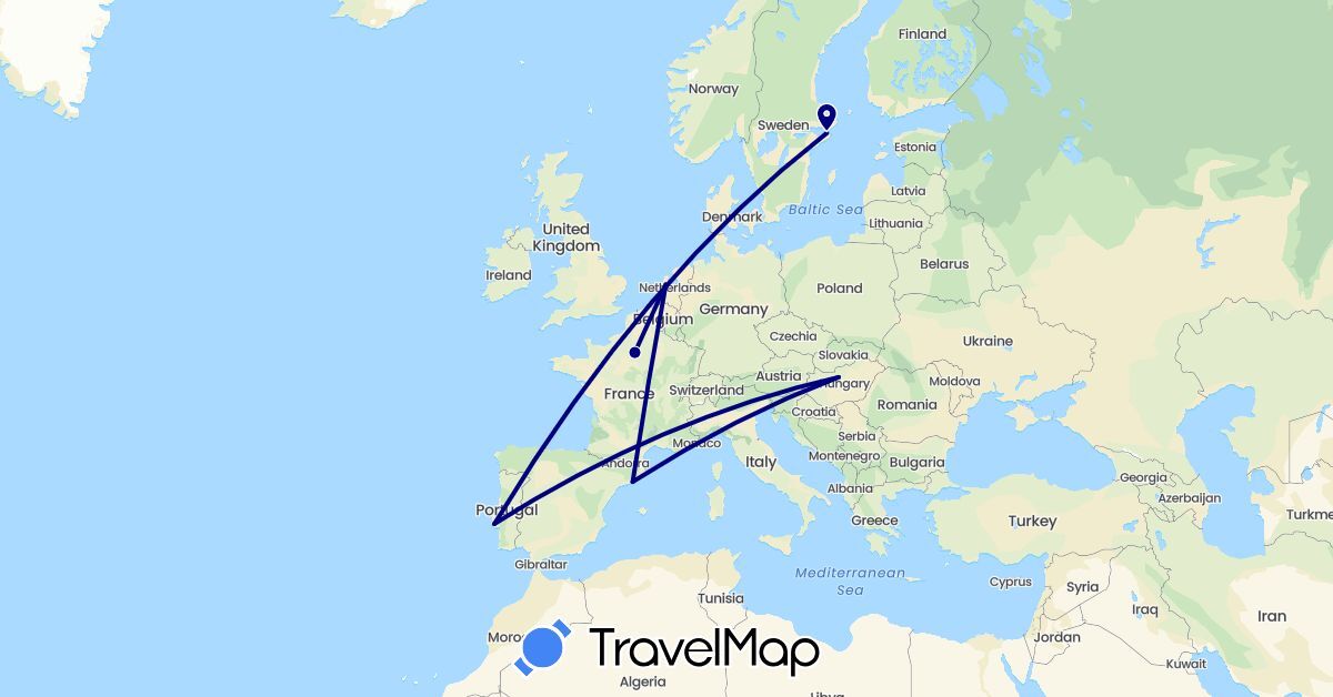 TravelMap itinerary: driving in Spain, France, Hungary, Netherlands, Portugal, Sweden (Europe)